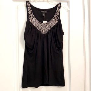 WHBM NWT Black tank with ruching at bust and embellished neckline